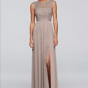 Lace bodice, floor length dress.